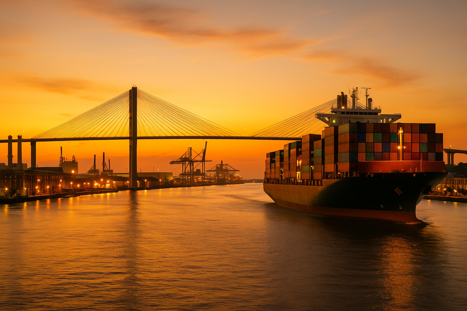 Port of Savannah with container ship and Talmadge Memorial Bridge